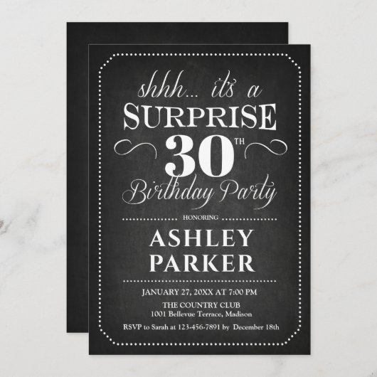 Verrassing 30e verjaardag - Chalkboard Zwart Wit Kaart (Voorkant / Achterkant)