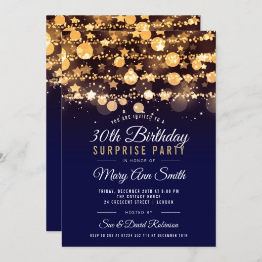 Verrassing 30e verjaardag Gold & Navy uitnodiging (Voorkant / Achterkant)