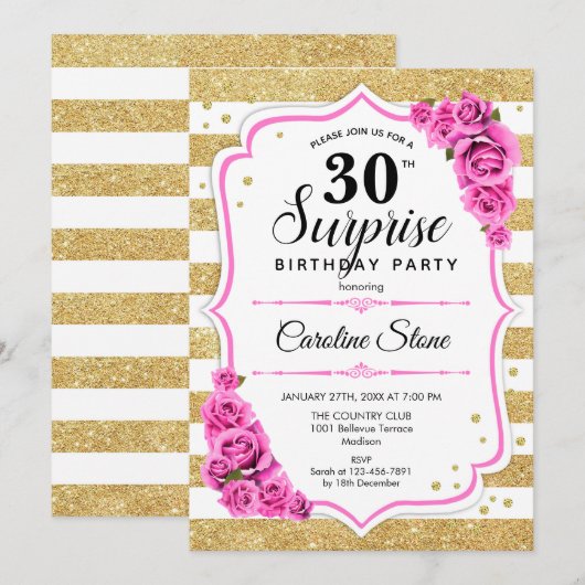 Verrassing 30e verjaardag - Goud Wit Roze Kaart (Voorkant / Achterkant)