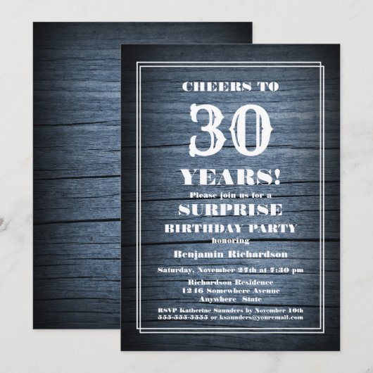 Verrassing 30e verjaardag land hout feest kaart (Voorkant / Achterkant)