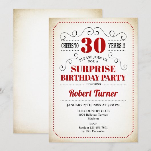 Verrassing 30e verjaardag - Rood Wit Zwart Kaart (Voorkant / Achterkant)