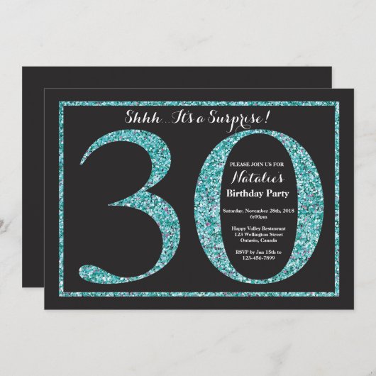 Verrassing 30e verjaardag uitnodiging Blauwgroen g (Voorkant / Achterkant)