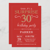 Verrassing 30e verjaardag uitnodiging rood en goud (Voorkant / Achterkant)