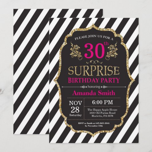 Verrassing 30e verjaardag uitnodiging roze zwart g (Voorkant / Achterkant)
