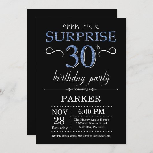 Verrassing 30e verjaardag uitnodiging zwart en bla (Voorkant / Achterkant)
