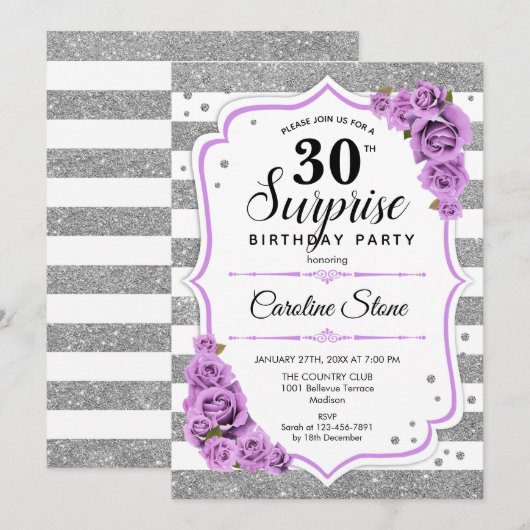 Verrassing 30e Verjaardag - Zilver Wit Paarse Kaart (Voorkant / Achterkant)