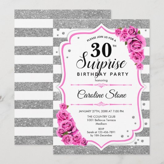 Verrassing 30e verjaardag - Zilver Wit Roze Kaart (Voorkant / Achterkant)