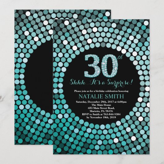 Verrassing 30e verjaardag zwart en Blauwgroen glit Kaart (Voorkant / Achterkant)