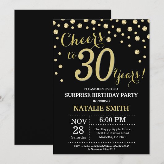 Verrassing 30e verjaardag zwart en goud diamant kaart (Voorkant / Achterkant)