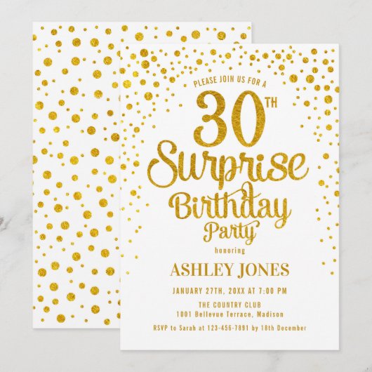 Verrassing 30e Verjaardagsfeest - Goud & Wit Kaart (Voorkant / Achterkant)