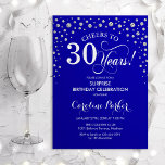 Verrassing 30e Verjaardagsfeest - Royal Blue Silve Kaart<br><div class="desc">Verrassing 30e verjaardag feestuitnodiging. Elegant design in koningsblauw en faux glitter zilver. Beschikt over scriptlettertype en diamanten confetti. Proost op 30 jaar! Stuur me een bericht als je verder moet worden aangepast.</div>