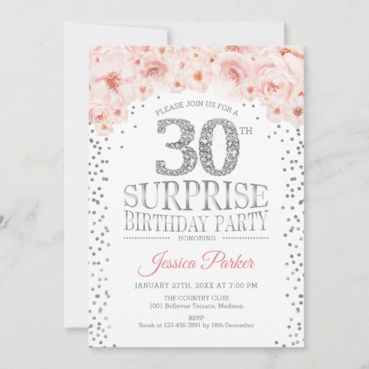 Verrassing 30e Verjaardagsfeest - Wit Zilver Roze Kaart (Voorkant)