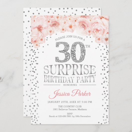 Verrassing 30e Verjaardagsfeest - Wit Zilver Roze Kaart (Voorkant / Achterkant)