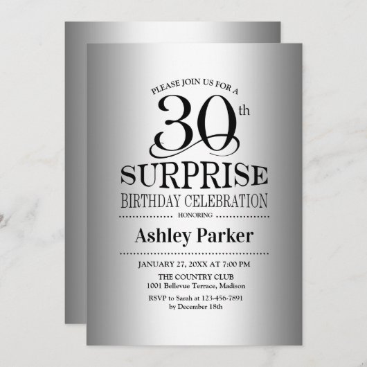 Verrassing 30e Verjaardagsfeest - Zilver Kaart (Voorkant / Achterkant)