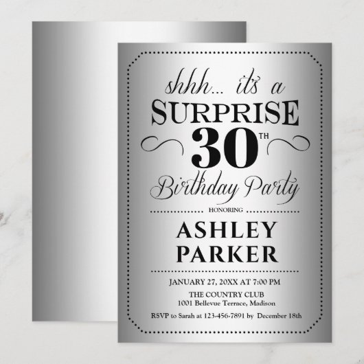 Verrassing 30e Verjaardagsfeest - Zilver Kaart (Voorkant / Achterkant)