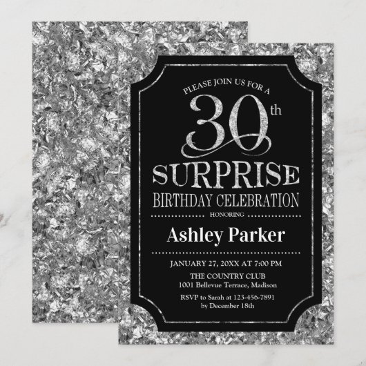 Verrassing 30e Verjaardagsfeest - Zilver Zwart Kaart (Voorkant / Achterkant)