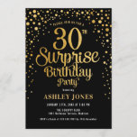 Verrassing 30e Verjaardagsfeest - Zwart & Goud Kaart<br><div class="desc">Verrassing 30e verjaardag feestuitnodiging. Elegant design in zwart en faux glitter goud. Beschikt over stijlvol scriptlettertype en confetti. Stuur me een bericht als je aangepaste leeftijd nodig hebt.</div>