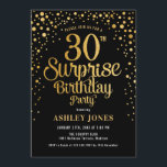 Verrassing 30e Verjaardagsfeest - Zwart & Goud Kaart<br><div class="desc">Verrassing 30e verjaardag feestuitnodiging. Elegant design in zwart en faux glitter goud. Beschikt over stijlvol scriptlettertype en confetti. Stuur me een bericht als je aangepaste leeftijd nodig hebt.</div>