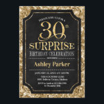 Verrassing 30e verjaardagsfeestje - Goud Zwart Kaart<br><div class="desc">Verrassing 30e verjaardag viering uitnodiging. Elegant stijlvol ontwerp in zwart en faux glitter gouden patroon. Beschikt over een elegant scriptlettertype. Stuur me een bericht als je verder moet worden aangepast.</div>
