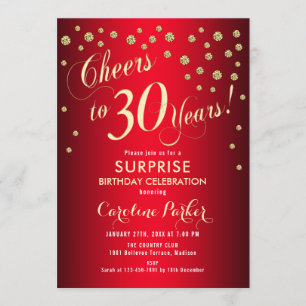 Verrassing 30ste verjaardagsfeestje - rood goud kaart