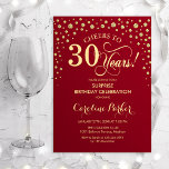 Verrassing 30ste verjaardagsfeestje - rood goud kaart<br><div class="desc">Verrassing 30e verjaardag feestuitnodiging. Elegant design in donkerrood en faux glitter goud. Beschikt over scriptlettertype en diamanten confetti. Proost op 30 jaar! Stuur me een bericht als je verder moet worden aangepast.</div>