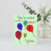 Verrassing 40e verjaardag ballonnen Party uitnodig Kaart (Staand voorkant)