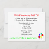 Verrassing 40e verjaardag ballonnen Party uitnodig Kaart (Achterkant)