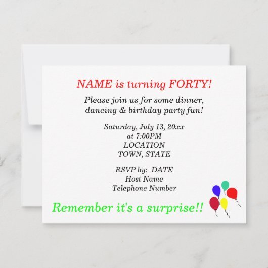 Verrassing 40e verjaardag ballonnen Party uitnodig Kaart (Achterkant)