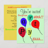 Verrassing 40e verjaardag ballonnen uitnodigingen (Voorkant / Achterkant)