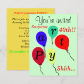 Verrassing 40e verjaardag ballonnen uitnodigingen (Voorkant / Achterkant)