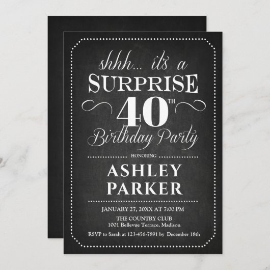 Verrassing 40e verjaardag - Chalkboard Zwart Wit Kaart (Voorkant / Achterkant)