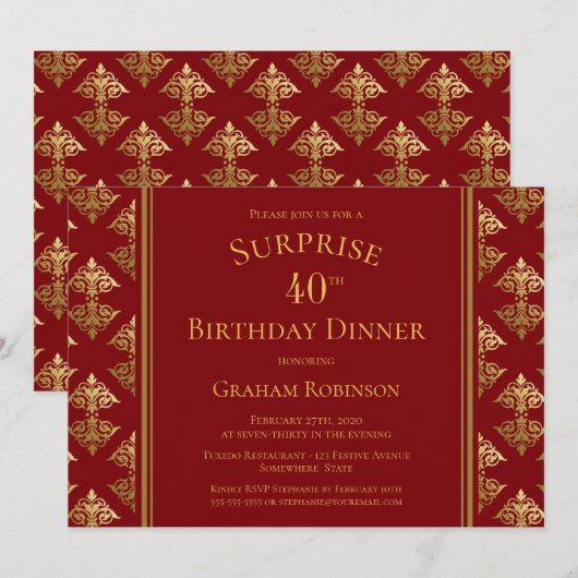 Verrassing 40e Verjaardag Diner Rood Goud Damask Kaart (Voorkant / Achterkant)