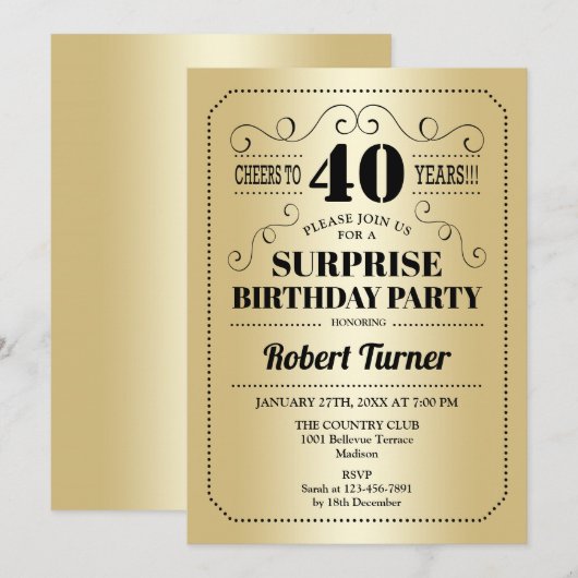 Verrassing 40e verjaardag - Goud Zwart Kaart (Voorkant / Achterkant)