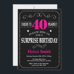 Verrassing 40e verjaardag Hot Pink en Black Kaart<br><div class="desc">Surprise 40th Birthday Invitation Hot Pink en Black Typografie. Krijtbord. Zwarte en witte achtergrond. Verjaardag voor volwassenen. Verjaardag van Mannen of vrouwen. Kinder jongen of meisje dame tiener Bday Nodig uit. 13e 15e 16e 18e 20e 21e 30e 40e 50e 60e 70e 80e 90e 100e. Elke leeftijd. Voor verdere aanpassing klikt...</div>