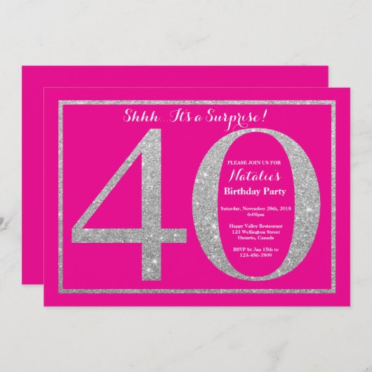 Verrassing 40e verjaardag Hot Pink en Silver Glitt Kaart (Voorkant / Achterkant)