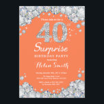 Verrassing 40e verjaardag Koraal Zilveren Diamant Kaart<br><div class="desc">Verrassing 40e verjaardag uitnodiging. Koraal en Zilver Rhinestone Diamanten Rode Achtergrond. Elegante verjaardag Bash uitnodiging. Verjaardag voor volwassenen. Verjaardag vrouwen. Mannen verjaardag. Voor verdere aanpassing klikt u op de knop "Aanpassen" en gebruikt u onze ontwerptool om deze sjabloon te wijzigen.</div>