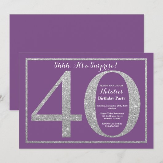 Verrassing 40e verjaardag Paarse en zilveren glitt Kaart (Voorkant / Achterkant)