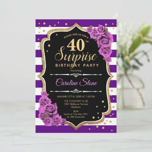 Verrassing 40e Verjaardag - Paarse Goud Kaart (Staand voorkant)