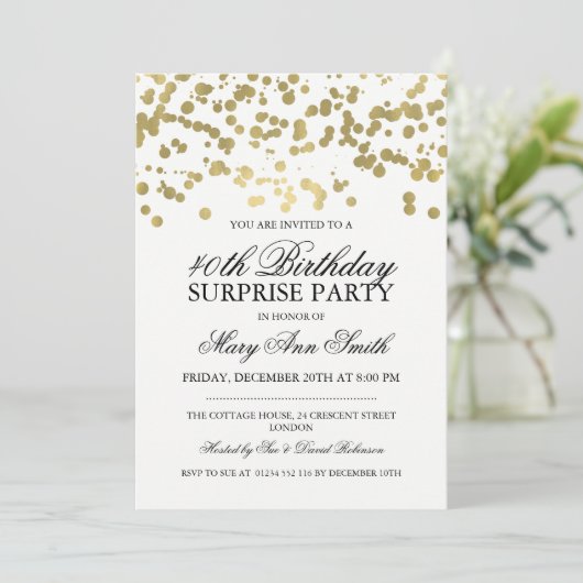 Verrassing 40e Verjaardag Party Gold Foil Confetti Kaart (Staand voorkant)