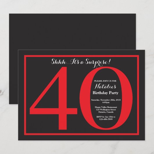 Verrassing 40e verjaardag rood en zwart schoolbord kaart (Voorkant / Achterkant)