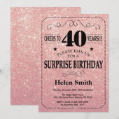 Verrassing 40e Verjaardag Roze Rose Gouden Glitter Kaart (Voorkant / Achterkant)