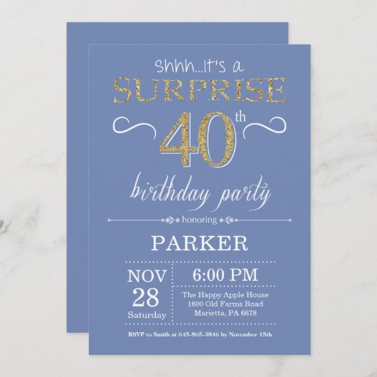 Verrassing 40e verjaardag uitnodiging blauw en gou (Voorkant / Achterkant)