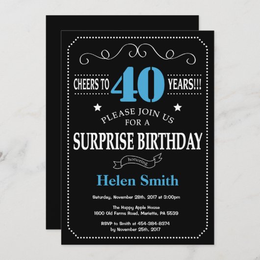 Verrassing 40e verjaardag uitnodiging blauw en zwa