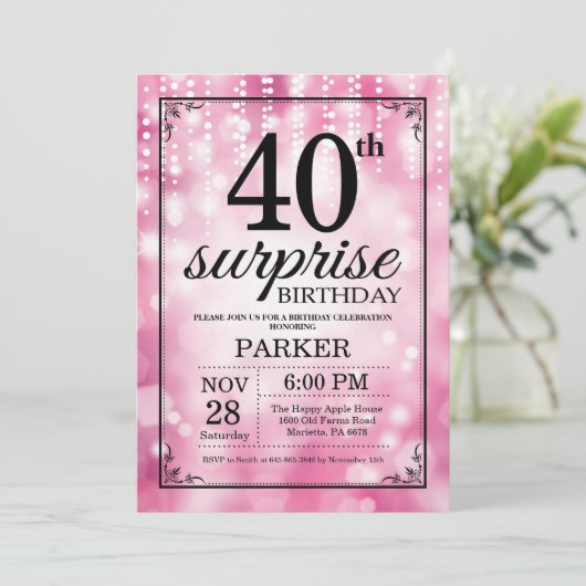 Verrassing 40e verjaardag uitnodiging Roze Glitter (Staand voorkant)