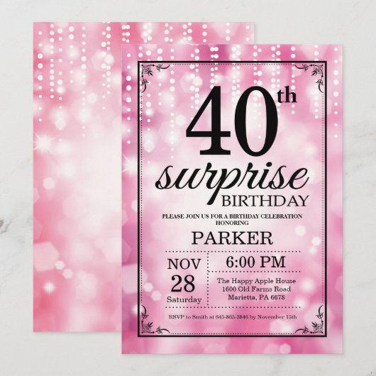 Verrassing 40e verjaardag uitnodiging Roze Glitter (Voorkant / Achterkant)