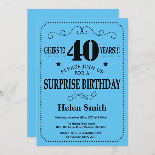 Verrassing 40e verjaardag uitnodiging zwart en bla (Voorkant / Achterkant)