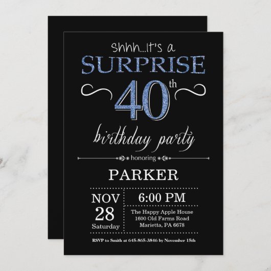 Verrassing 40e verjaardag uitnodiging zwart en bla (Voorkant / Achterkant)