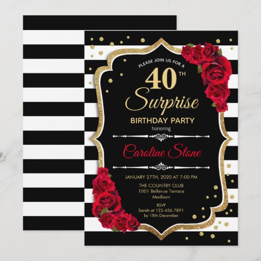 Verrassing 40e verjaardag uitnodiging zwart wit ro (Voorkant / Achterkant)