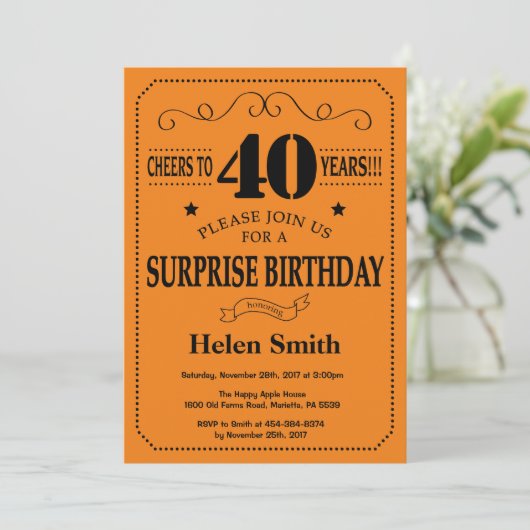 Verrassing 40e verjaardag zwart en Sinaasappel Kaart (Staand voorkant)