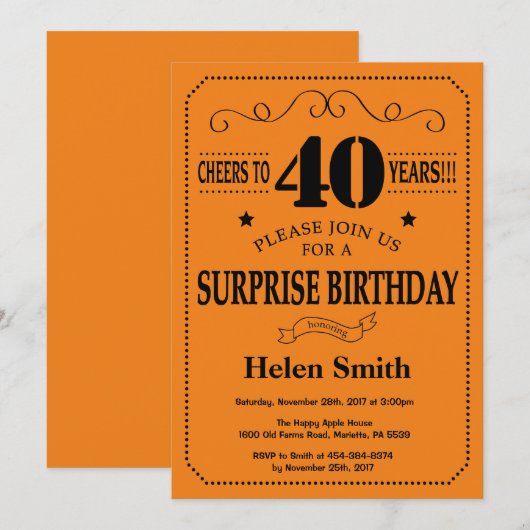Verrassing 40e verjaardag zwart en Sinaasappel Kaart (Voorkant / Achterkant)